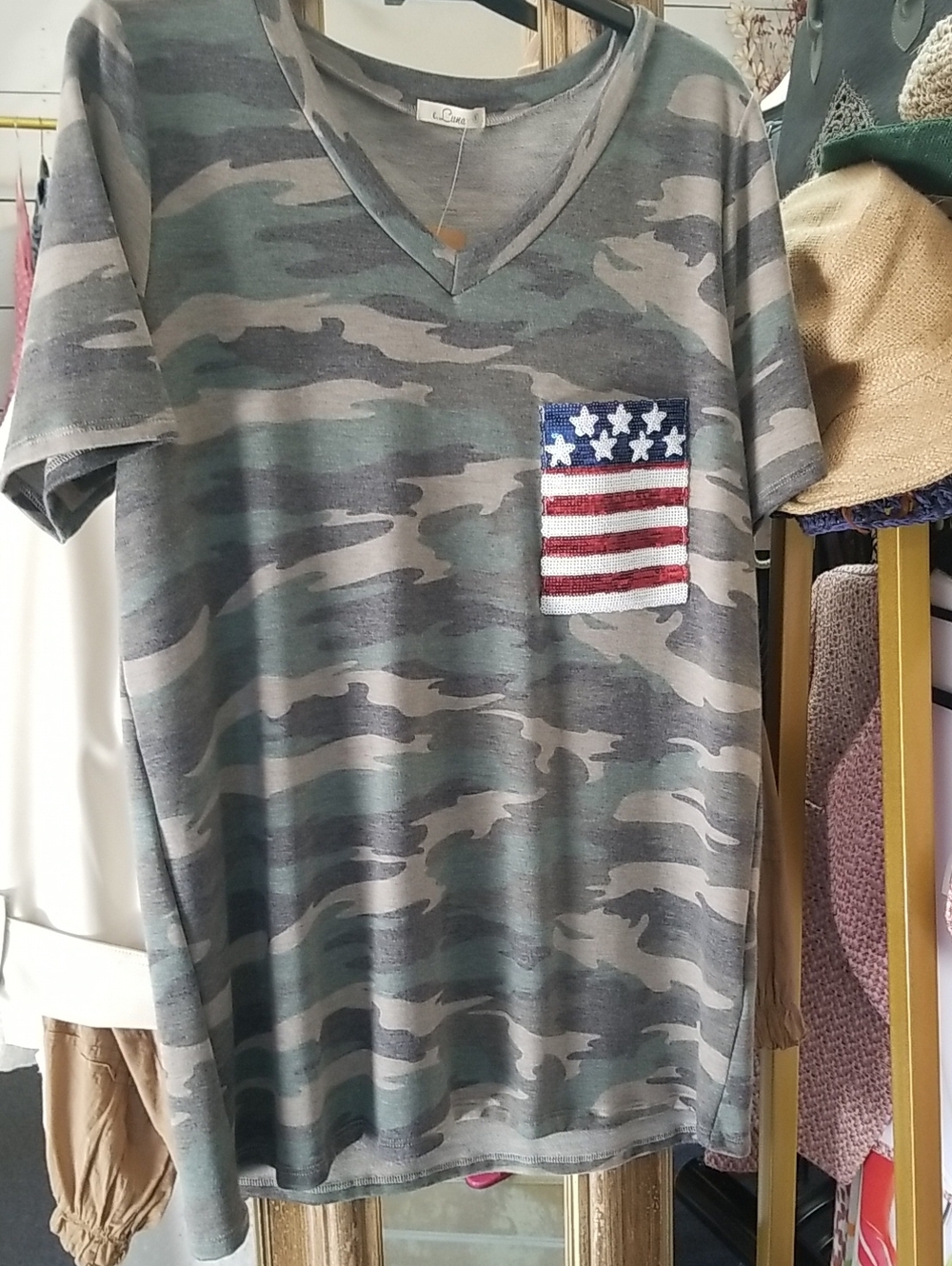 Camo V-Neck Short Sleeve Tee with Flag Pocket - Green
